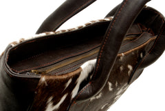 Stylish Brown and White Cowhide Shoulder Bag - Handmade Animal Print Leather Tote with Fast Worldwide Shipping