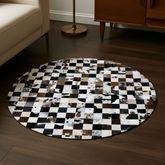 Luxurious Handmade Round Cowhide Patchwork Rug – Genuine Hair-On Hide Micro-Square Leather Floor Rug (9 sq ft)