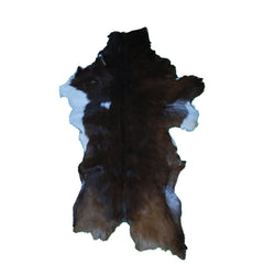 Luxury Handmade Dark Brown & White Goat Skin Rug - Soft, Hypoallergenic, & Sustainable