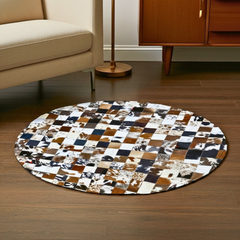 Luxurious Handmade Round Cowhide Patchwork Rug – Genuine Hair-On Hide Micro-Square Leather Floor Rug (9 sq ft)