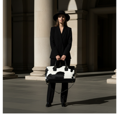 Luxurious Black and White Cowhide Leather Travel Tote Duffle Bag with Full-Grain Accents - Handcrafted Shoulder Bag for Weekend Trips