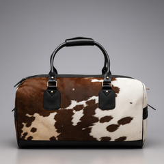 Luxurious Brown White Cowhide Leather Duffle Bag - Handcrafted Weekend Travel Tote with Real Cowhide Hair and Premium Grain Accents