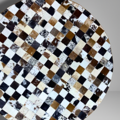 Luxurious Handmade Round Cowhide Patchwork Rug – Genuine Hair-On Hide Micro-Square Leather Floor Rug (9 sq ft)