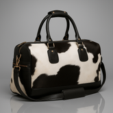 Luxurious Black and White Cowhide Leather Travel Tote Duffle Bag with Full-Grain Accents - Handcrafted Shoulder Bag for Weekend Trips
