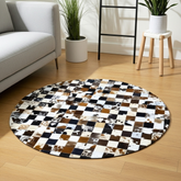 Luxurious Handmade Round Cowhide Patchwork Rug – Genuine Hair-On Hide Micro-Square Leather Floor Rug (9 sq ft)