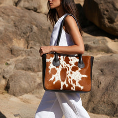 Brown And White Cowhide Shoulder Bag - Handmade Hair on Leather Tote with Natural Animal Print - Fashionable, Spacious, and Easy to Clean
