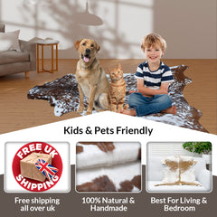 Luxury Handmade Dark Brown & White Goat Skin Rug - Soft, Hypoallergenic, & Sustainable