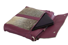 Stylish Leather Hair On Laptop Bag Messenger Unisex Briefcase Business Animal Print - Eco-Friendly Cowhide Bag with Fur - Pink, Grey & White