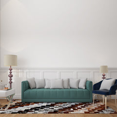 Unique Handmade Cowhide Patchwork Area Rug - Luxurious Leather Home Décor Accent - Zig Zag Stitching - Custom Sizes Available