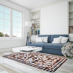 Luxurious Handmade Cowhide Patchwork Rug with Zig Zag Stitching - Unique & Functional Home Decor Accent