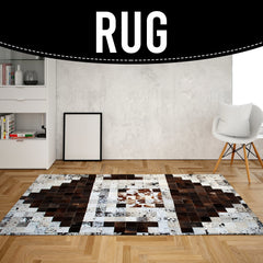 Luxurious Handmade Cowhide Patchwork Rug - Unique Natural Leather Décor Accent with Zig Zag Stitching