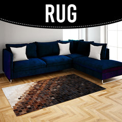 Luxurious Handmade Cowhide Patchwork Rug - Unique Natural Leather Home Decor Piece with Zig Zag Stitching & Lined Detail