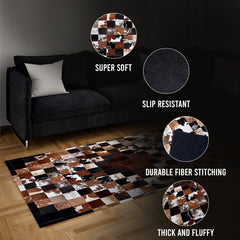 Luxurious Handmade Cowhide Patchwork Rug - Unique Natural Leather Home Décor Accent with Zig Zag Stitching