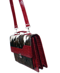 Stunning Black N White Cowhide Shoulder Bag with Red Crocodile Print Strap - Handmade Leather Bag with Celestial Leather Hide - Unique