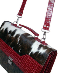 Stunning Black N White Cowhide Shoulder Bag with Red Crocodile Print Strap - Handmade Leather Bag with Celestial Leather Hide - Unique