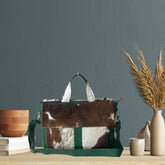 Stylish Brown And White Texture Laptop Bag With Soft Natural Fur Green Straps Business Briefcase DSC-0595