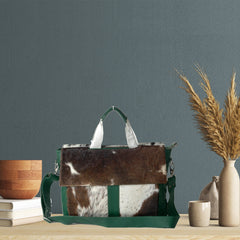 Stylish Brown And White Texture Laptop Bag With Soft Natural Fur Green Straps Business Briefcase DSC-0595