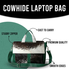 Luxury Business Briefcase with Natural Cowhide Leather Hair and Attractive Green Straps, Messenger Bag for Laptop, Unique Animal Print