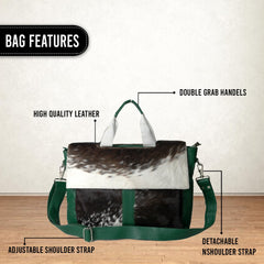 Luxury Business Briefcase with Natural Cowhide Leather Hair and Attractive Green Straps, Messenger Bag for Laptop, Unique Animal Print