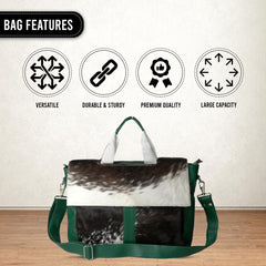 Luxury Business Briefcase with Natural Cowhide Leather Hair and Attractive Green Straps, Messenger Bag for Laptop, Unique Animal Print