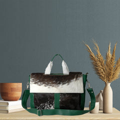Luxury Business Briefcase with Natural Cowhide Leather Hair and Attractive Green Straps, Messenger Bag for Laptop, Unique Animal Print