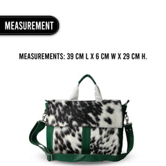 Stylish Cowhide Laptop Bag with Genuine Fur Straps Animal Print Messenger Briefcase - Eco-Friendly, Trendy Green, Unique Design