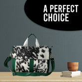 Stylish Cowhide Laptop Bag with Genuine Fur Straps Animal Print Messenger Briefcase - Eco-Friendly, Trendy Green, Unique Design