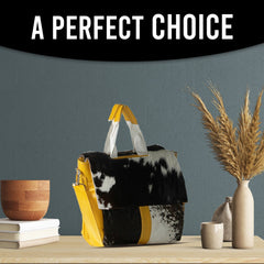 Stylish Natural Cowhide Leather Laptop Bag with Fur Accents & Yellow Straps - Eco-Friendly - Fashionable Business Briefcase for Ladies