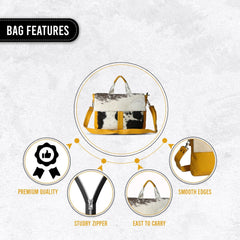 Luxury Cowhide Laptop Briefcase with Yellow Straps & Natural Fur - Stylish and Sustainable Business Bag for Unisex, Messenger Style