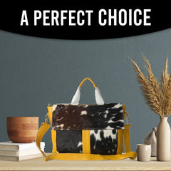 Stylish Cowhide Leather Laptop Bag with Fur Accent and Detachable Shoulder Strap, Red, Black & White Animal Print Business Briefcase