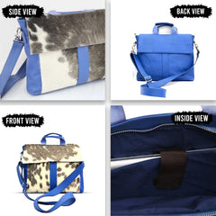 Stylish Cowhide Hair On Laptop Bag with Unisex Briefcase Business Appeal & Eco-Friendly Materials - Blue, Black - White Animal Print