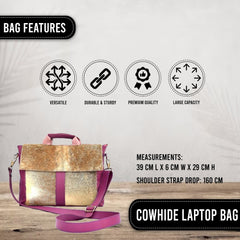 Stylish Leather Hair On Laptop Bag Messenger Unisex Briefcase Business Animal Print - Eco-Friendly Cowhide Bag with Fur - Pink, Grey & White