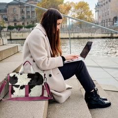 Stylish Cowhide Leather Laptop Bag with Animal Print & Natural Fur - Handcrafted Unisex Messenger Bag for Business - Travel
