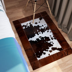 Luxurious Handmade Cowhide Patchwork Rug with Zig Zag Stitching - Unique Home Décor Statement Piece - Genuine Leather Area Rug