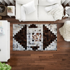 Luxurious Handmade Cowhide Patchwork Rug - Unique Natural Leather Décor Accent with Zig Zag Stitching