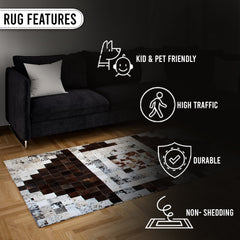 Luxurious Handmade Cowhide Patchwork Rug - Unique Natural Leather Décor Accent with Zig Zag Stitching