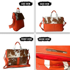 Statement-making Cow Skin Laptop Bag with Eye-Catching Orange Straps – Stylish, Functional, & Environmentally Friendly!