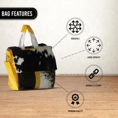 Stylish Natural Cowhide Leather Laptop Bag with Fur Accents & Yellow Straps - Eco-Friendly - Fashionable Business Briefcase for Ladies