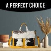 Luxury Cowhide Laptop Briefcase with Yellow Straps & Natural Fur - Stylish and Sustainable Business Bag for Unisex, Messenger Style