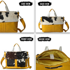 Stylish Cowhide Leather Laptop Bag with Fur Accent and Detachable Shoulder Strap, Red, Black & White Animal Print Business Briefcase