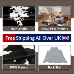 Luxurious Handcrafted Black and White Cowhide Rug - Hypoallergenic, Non-Slip Backing, Unique Markings - Durable and Versatile Home Decor