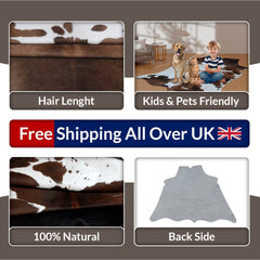 Elegant Dark Brown & White Cowhide Rug - Hypoallergenic, Non Slippery Suede Back, Handselected from Premium Hides - Free Shipping in UK