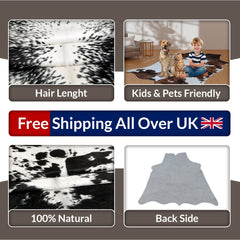 Luxurious Black & White Cowhide Rug: Hypoallergenic, Non-Slip Back, Unique Natural Beauty - Ideal for Bedroom - Living Room Decor