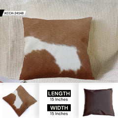 Luxurious Handmade Brown and White Cowhide Accent Cushion Cover for Sofa - Unique Hair-on Leather Design - Hidden Zipper Closure