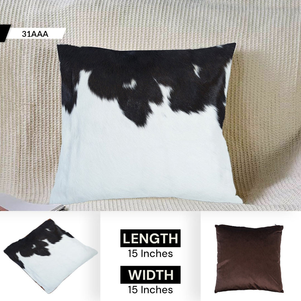 Rustic Elegance: Handmade Cowhide Pillow Cover with Velvet Back - Reversible Hair On Cushion Case in Brown, Black, and White - Celestial Leather Limited