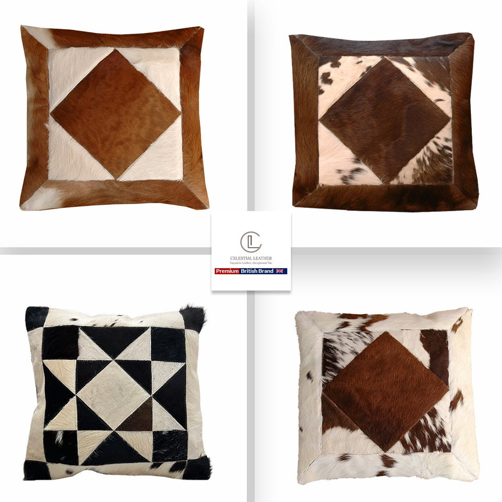 Rustic Elegance: Luxurious Multicolor Cowhide Patchwork Cushion Cover - Handmade Hypoallergenic Design - Celestial Leather Limited