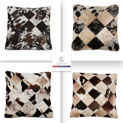 Stunning Multicolor Patchwork Cowhide Cushion Cover with Hypoallergenic Design-Includes Unique Animal Patterns & Soft Faux Leather Back