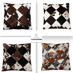 Luxurious Multicolor Patchwork Cowhide Cushion Cover - Handmade Natural Hide Throw Pillow Case - Rustic Elegance for Sofa or Bed