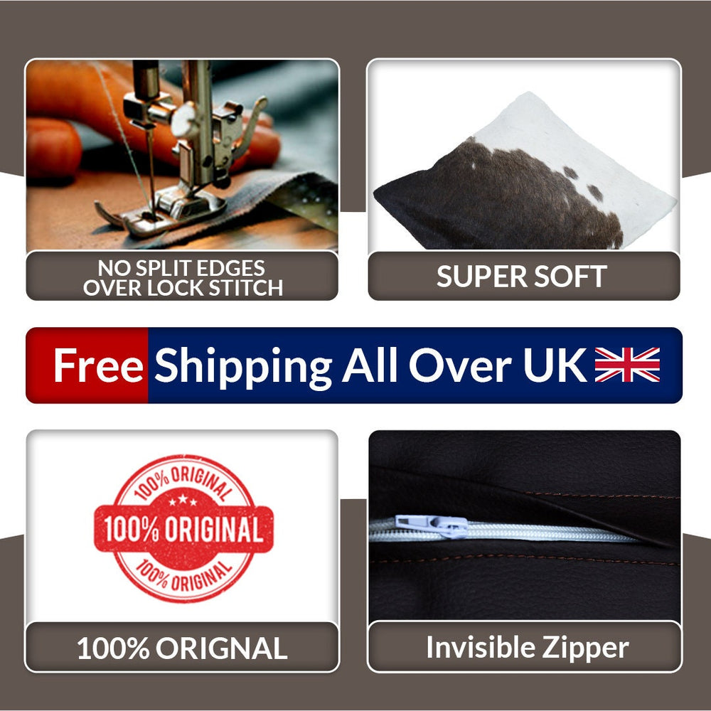 Rustic Elegance: Handmade Cowhide Pillow Cover with Velvet Back - Reversible Hair On Cushion Case in Brown, Black, and White - Celestial Leather Limited