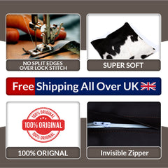 Luxurious Handmade Brown & White Cowhide Cushion Cover with Soft Faux Leather Back - Rustic Elegance for Sofa or Bed